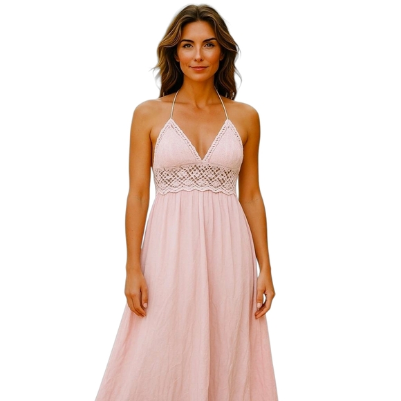 LilBetter Do It Better Dresses & Skirts - LilBetter Do It Better Peachy Pink Crochet Halter Open Back Maxi Dress Medium
